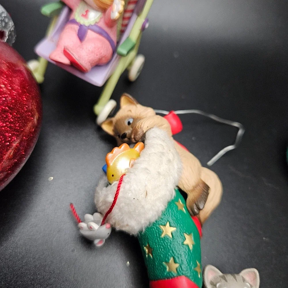 Vintage Cat Christmas Ornament Lot of 8‎ Resin Glass 1990s Kitty Holiday Decor